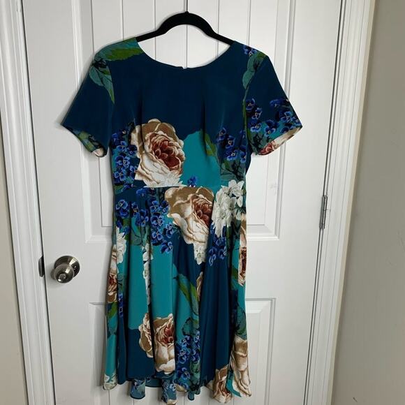 Anthropologie Corey Lynn Calter‎ floral pleated teal fit n flare dress size 6 - Picture 2 of 7